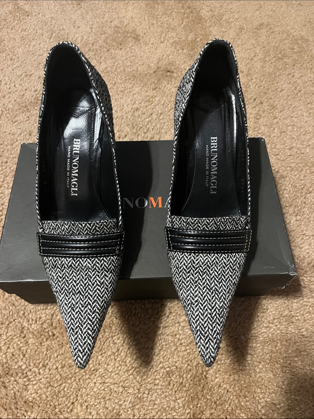 Bruno Magli Black & White Herringbone Pointed Pumps